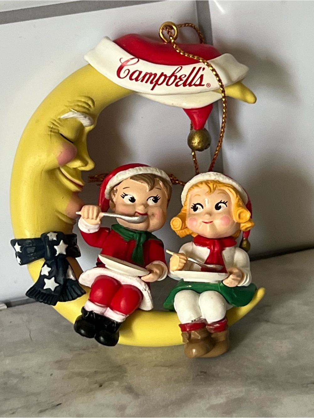 Vintage Campbell's Yellow Moon with Red, Green and White Elves Ornament
